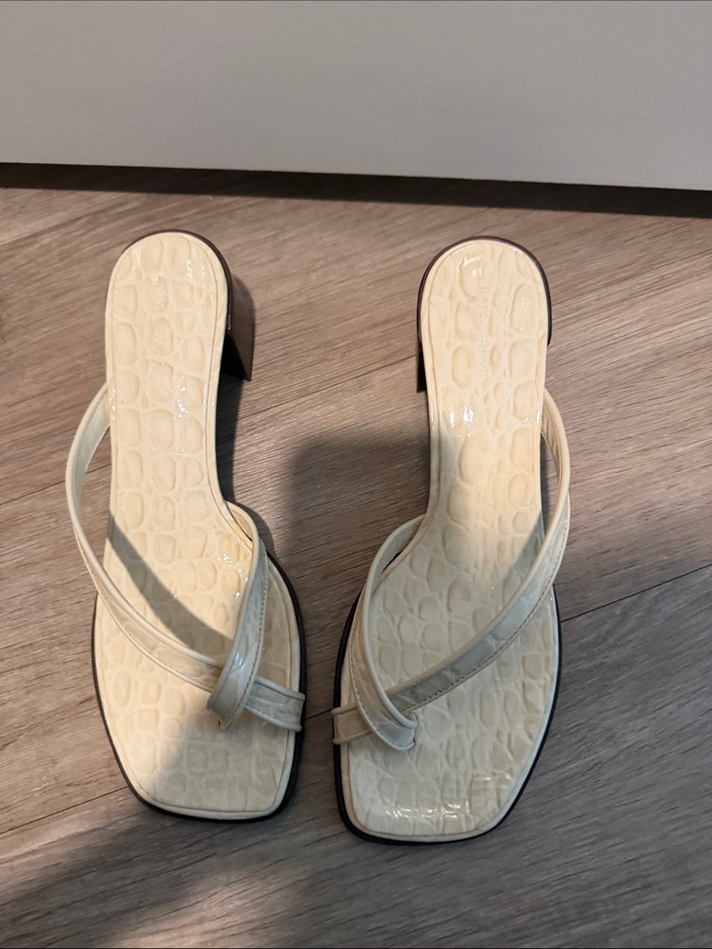 Reformation Cream Croc-Embossed Square Toe Heeled Sandals